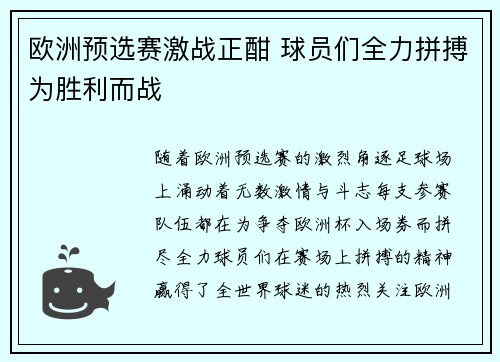 欧洲预选赛激战正酣 球员们全力拼搏为胜利而战