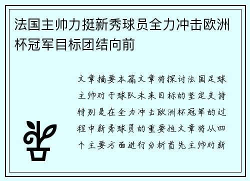 法国主帅力挺新秀球员全力冲击欧洲杯冠军目标团结向前