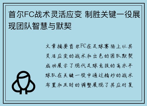 首尔FC战术灵活应变 制胜关键一役展现团队智慧与默契