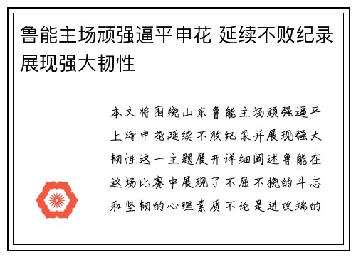 鲁能主场顽强逼平申花 延续不败纪录展现强大韧性