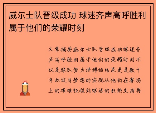 威尔士队晋级成功 球迷齐声高呼胜利属于他们的荣耀时刻